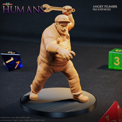 angry plumber miniature - pre-supported game dragons dungeons gaming human videogame warrior super mario meme boardgame bros tabletop dnd pathfinder ttrpg 5e epicsnstuffs 3d print model - Mito3D