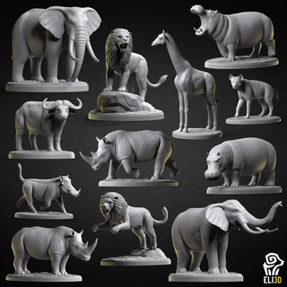 animaux savane faune animal créature figure figurine sculpture miniature safari l'éléphant Lion rhinocéros hippopotame buffle phacochère girafe hyène 3d print model - Mito3D