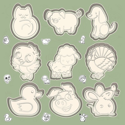 animals cookie cutters - farm life set bundle 9 pieces home bakery cutter cookies wildlife zoo chicken sheep pig cat turkey mouse duck dog 3d print model - Mito3D