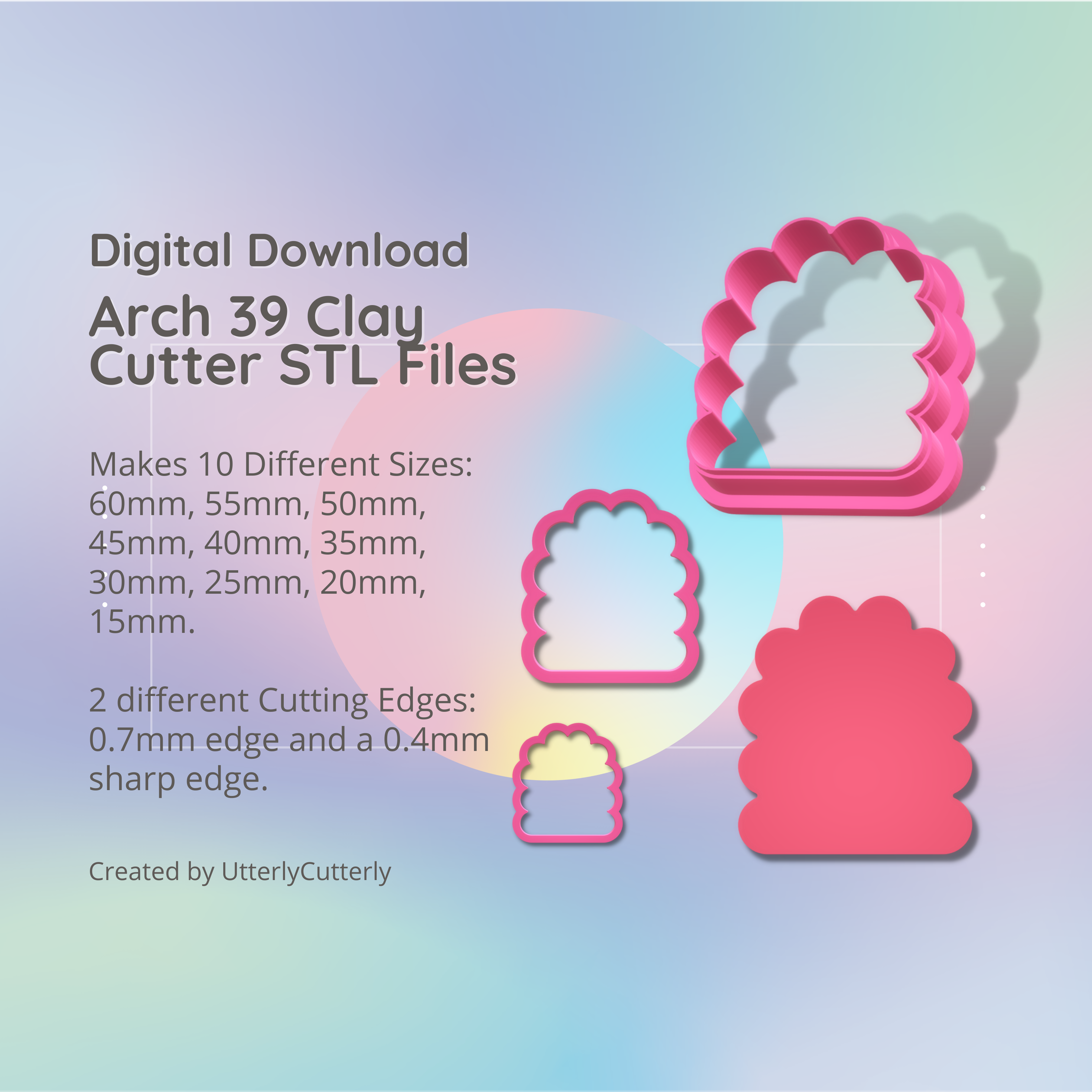 arch 39 clay cutter - bubble arc stl digital file download- 10 sizes 2 versions earrings pendant barrette earring polymer geometric embossed hexagon utterlycutterly utterly cutterly cookie fondant organic shape indie fashion 3D print model - Mito3D