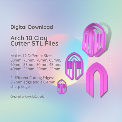 arch shape 10 clay cutter - arc stl digital file download- 12 sizes 2 versions earring polymer geometric embossed hexagon utterlycutterly utterly cutterly cookie fondant organic indie 3d print model - Mito3D