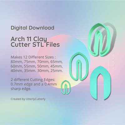 arch shape 11 clay cutter - arc stl digital file download- 12 sizes 2 versions earring polymer geometric embossed hexagon utterlycutterly utterly cutterly cookie fondant organic indie 3d print model - Mito3D