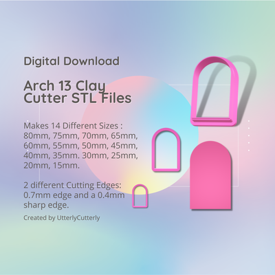 arch shape 13 clay cutter - arc stl digital file download- 14 sizes 2 versions earring polymer geometric embossed hexagon utterlycutterly utterly cutterly cookie fondant organic indie 3d print model - Mito3D