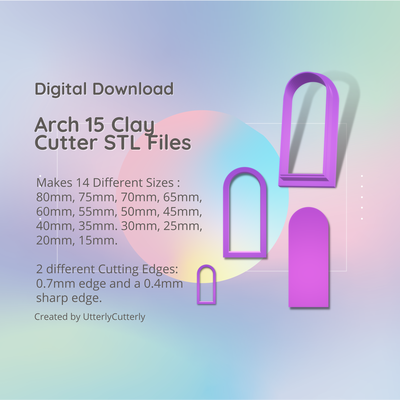 arch shape 15 clay cutter - arc stl digital file download- 14 sizes 2 versions earring polymer geometric embossed hexagon utterlycutterly utterly cutterly cookie fondant organic indie 3d print model - Mito3D