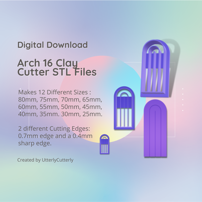 arch shape 16 clay cutter - arc stl digital file download- 12 sizes 2 versions earring polymer geometric embossed hexagon utterlycutterly utterly cutterly cookie fondant organic indie 3d print model - Mito3D