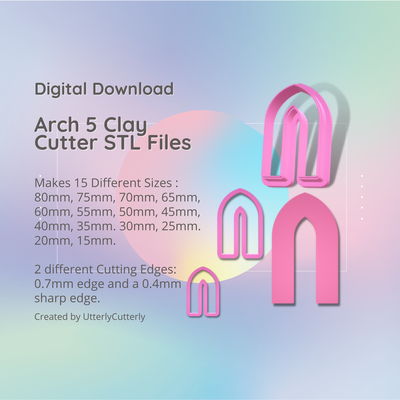 arch shape 5 clay cutter - arc stl digital file download- 14 sizes 2 versions earring polymer geometric embossed hexagon utterlycutterly utterly cutterly cookie fondant organic indie 3d print model - Mito3D