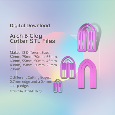 arch shape 6 clay cutter - arc stl digital file download- 13 sizes 2 versions earring polymer geometric embossed hexagon utterlycutterly utterly cutterly cookie fondant organic indie 3d print model - Mito3D