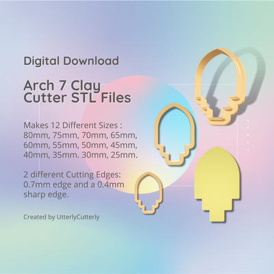 arch shape 7 clay cutter - arc stl digital file download- 12 sizes 2 versions earring polymer geometric embossed hexagon utterlycutterly utterly cutterly cookie fondant organic indie 3d print model - Mito3D