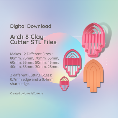 arch shape 8 clay cutter - arc stl digital file download- 12 sizes 2 versions earring polymer geometric embossed hexagon utterlycutterly utterly cutterly cookie fondant organic indie 3d print model - Mito3D