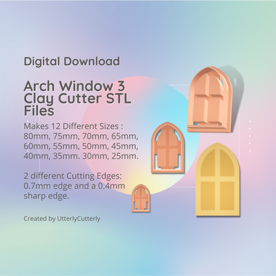 arch window 3 clay cutter - stl digital file download- 12 sizes 2 versions earring polymer geometric embossed hexagon utterlycutterly utterly cutterly cookie fondant organic shape indie 3d print model - Mito3D
