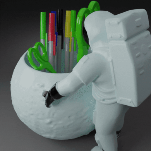 astronaut pen pencil holder schreibwaren-schreibtisch-organizer phone lasy bear animal cell art figur skulpt stl print no support in place moon 3D print model - Mito3D