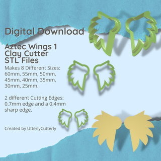 aztec wings 1 cutter - stl digital file download- 8 sizes 2 versions earring clay polymer geometric embossed hexagon utterlycutterly utterly cutterly cookie fondant organic shape indie fashion 3d print model - Mito3D