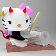 malo gatito golpeando basura latas 3d impresión modelo Arte murciélago dibujos animados anime diablo gato dibujo 3d print model - Mito3D