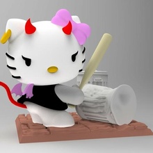 ruim gatinha batendo Lixo latas 3d impressão modelo Olá bastão desenho animado anime diabo gato lixo desenhando arte 3d print model - Mito3D