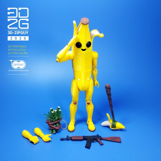 banana guy peely fortnite game man action pick harvesting wacky funny hybrid food 3d fruit sculpture gameplay rifle gun bamboo tool ak-47 weapon 3dzipguy zipguy zipties jointed joints articulation articulated figure 3D print model - Mito3D