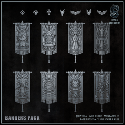 banners pack wargame wargames miniature kitbash sla 28mm 32mm banner standart icon angel fist tower hand eagle forge iron skull 3d print model - Mito3D