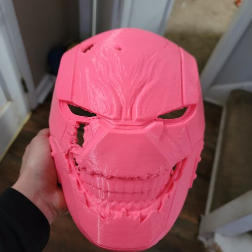 battle damaged jokerized red hood helmet dc comics joker batman bat family comic hero mask 3D print model - Mito3D