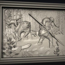 bear attacked dogs hunter cnc router hunting scene art 3d print model - Mito3D