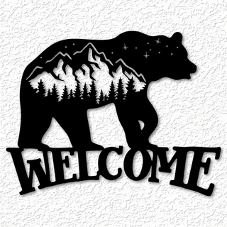 bear welcome sign wall art scene decor 2d grizzly animal woodland trees scenery nature cabin home decoration low poly wallart 2dart easy free 3d print model - Mito3D
