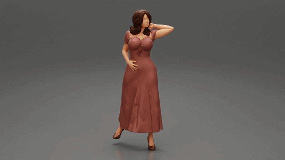 lindo bronzeada mulher vestindo elegante vestir posando pé 3d impressão modelo calcanhares fêmea corpo moda roupas menina personagem humano anatomia estátua escultura metamorfose Penteado poli 3d print model - Mito3D