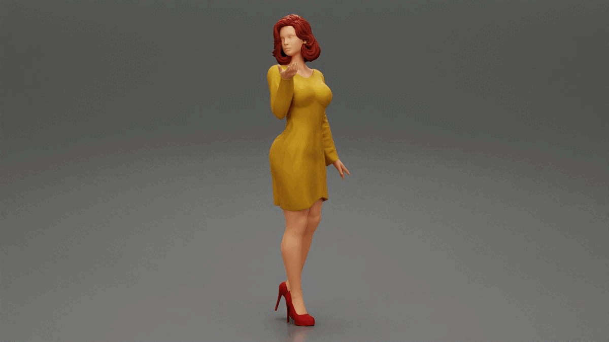 beautiful young brunette model dress high heels woman posing fashion body clothes girl character human female anatomy statue sculpture morph standing print people hair 3D print model - Mito3D
