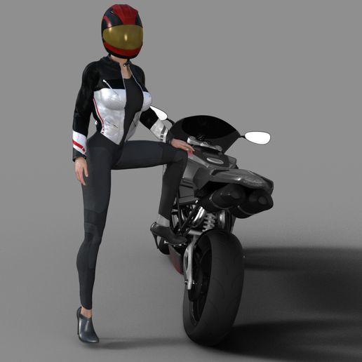 biker girl 2 bike helmet cat suit black boots gp superbike sexy 3D print model - Mito3D