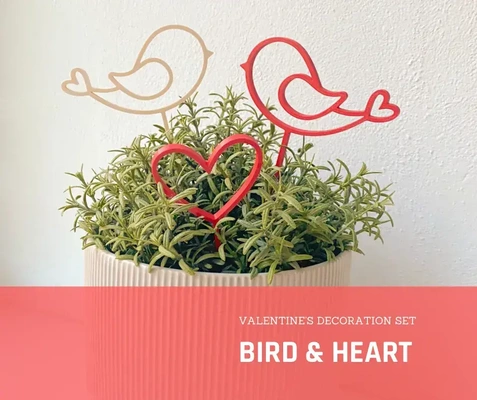 pájaro corazón decoración conjunto flor maceta pastel sombrero copa amor tarta enamorado día san valentín hogar regalo san valentín 3d print model - Mito3D