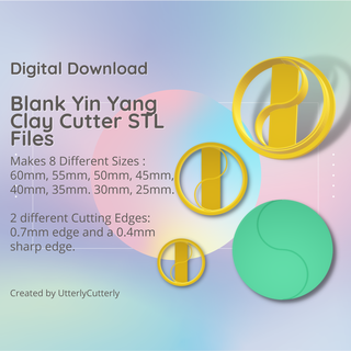 blank yin yang 3 clay cutter - stl digital file download- 8 sizes 2 versions earring polymer geometric embossed hexagon utterlycutterly utterly cutterly cookie fondant organic shape indie 3d print model - Mito3D