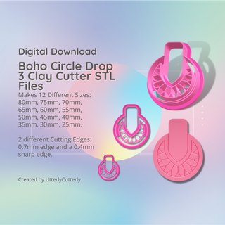 boho circle 3 clay cutter - bohemian stl digital file download- 12 sizes 2 versions cookie Jewelry earring polymer geometric embossed hexagon utterlycutterly utterly cutterly fondant organic shape indie fashion 3d print model - Mito3D
