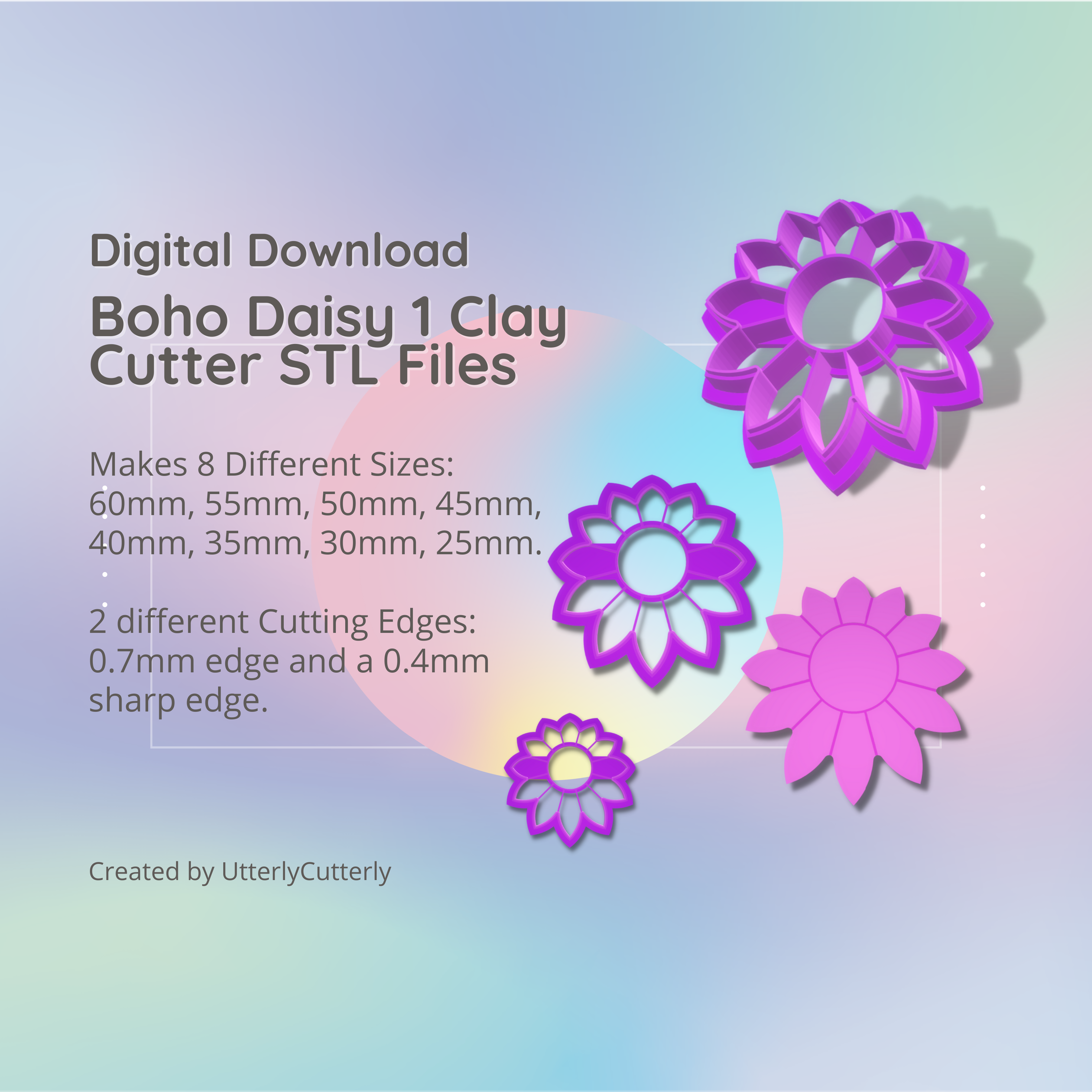 boho daisy 1 clay cutter - stl digital file download- 8 sizes 2 versions earrings pendant barrette earring polymer geometric embossed hexagon utterlycutterly utterly cutterly cookie fondant organic shape indie fashion 3D print model - Mito3D