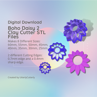 boho daisy 2 clay cutter - stl digital file download- 8 sizes versions earrings pendant barrette earring polymer geometric embossed hexagon utterlycutterly utterly cutterly cookie fondant organic shape indie fashion 3d print model - Mito3D