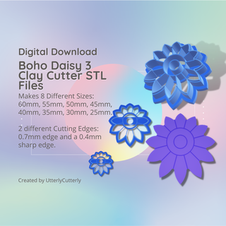 boho daisy 3 clay cutter - stl digital file download- 8 sizes 2 versions earrings pendant barrette earring polymer geometric embossed hexagon utterlycutterly utterly cutterly cookie fondant organic shape indie fashion 3d print model - Mito3D