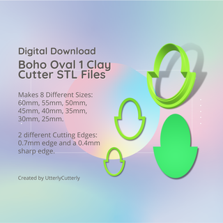 boho oval 1 clay cutter - stl digital file download- 8 sizes 2 versions earrings pendant barrette earring polymer geometric embossed hexagon utterlycutterly utterly cutterly cookie fondant organic shape indie fashion 3d print model - Mito3D