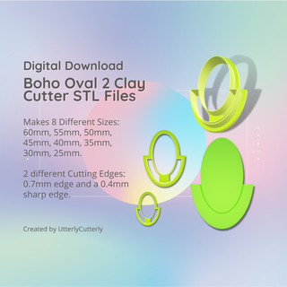 boho oval 2 clay cutter - stl digital file download- 8 sizes versions earrings pendant barrette earring polymer geometric embossed hexagon utterlycutterly utterly cutterly cookie fondant organic shape indie fashion 3d print model - Mito3D