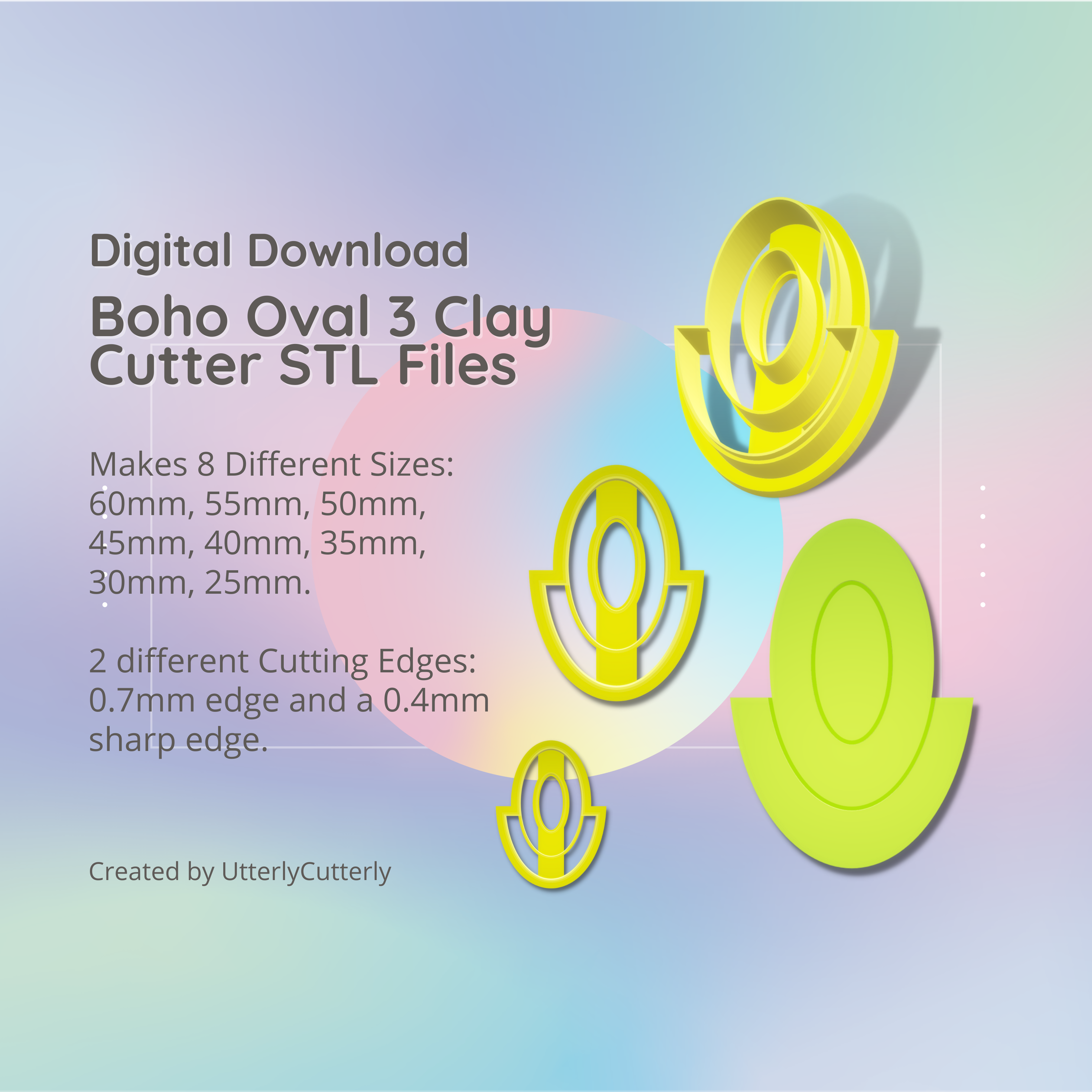 boho oval 3 clay cutter - stl digital file download- 8 sizes 2 versions earrings pendant barrette earring polymer geometric embossed hexagon utterlycutterly utterly cutterly cookie fondant organic shape indie fashion 3D print model - Mito3D