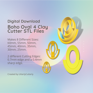 boho oval 4 clay cutter - stl digital file download- 8 sizes 2 versions earrings pendant barrette earring polymer geometric embossed hexagon utterlycutterly utterly cutterly cookie fondant organic shape indie fashion 3d print model - Mito3D
