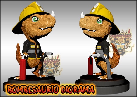 bombesaurio bombero dinosaurio fuego extintor diorama profesiones 3d print model - Mito3D