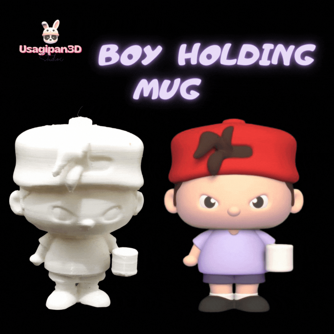 boy holding mug people kid cartoon cute fashion sculpture miniature preschool statue art toy decorative play fun 3D print model - Mito3D