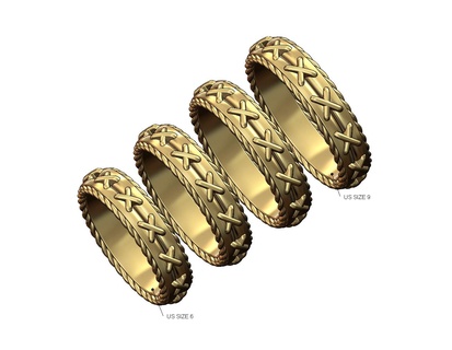 braided rope sides cross stitch band us sizes 6to9 3d print model wire ring jewellery jewelry gold silver printable stacker stackable statement fashion geometric 3d print model - Mito3D