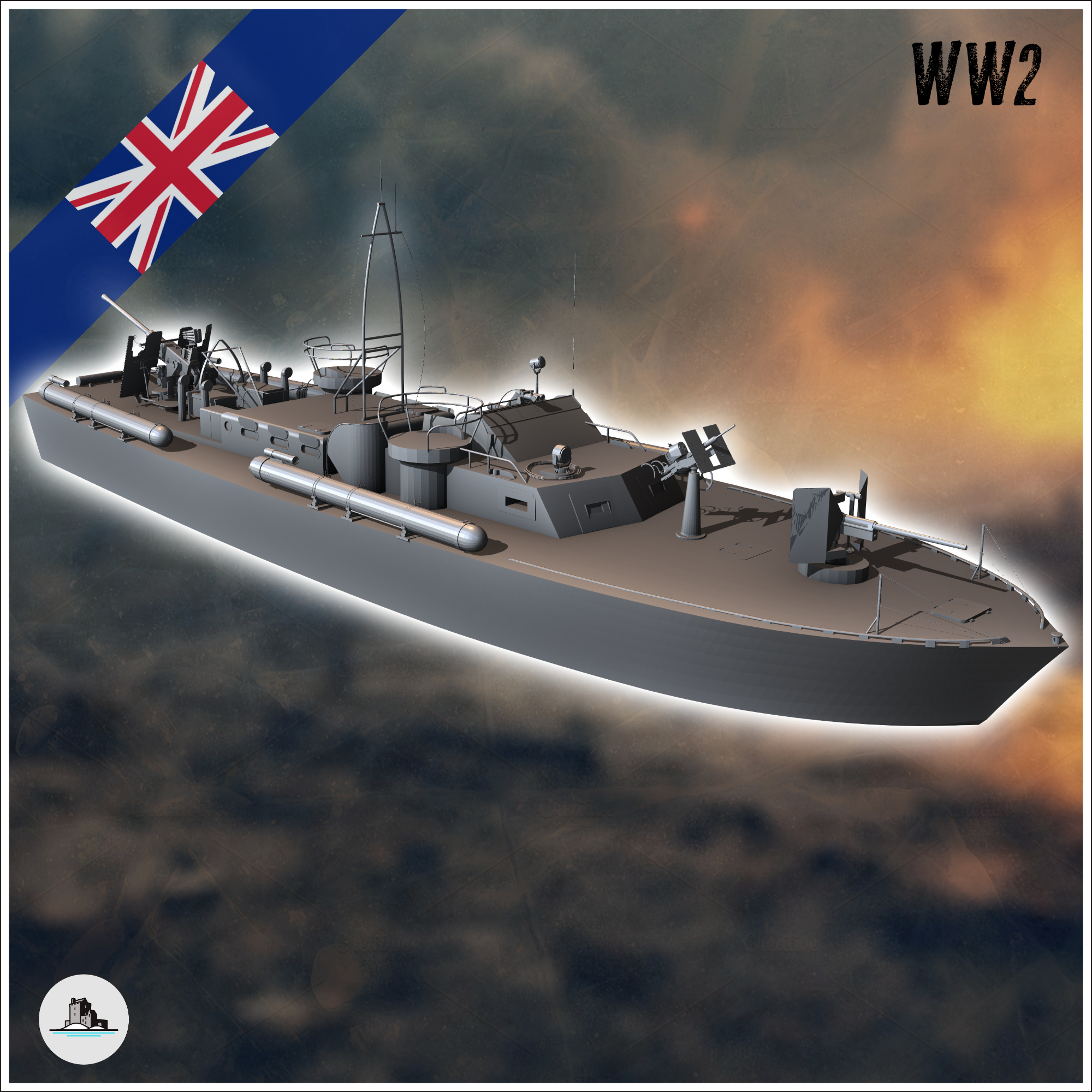 british fast motor torpedo boat 2 - uk united ww2 kingdom england army western front normandy africa bulge wwii d-day Game ship craft vessel vehicle scenery wargame miniatures terrain rpg german bolt blitzgrieg second action world war wehrmacht flames 3D print model - Mito3D