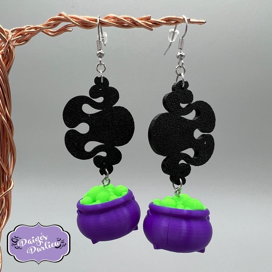 bubbling cauldron earrings keychains cauldrons witches jewelry fashion halloween spooky cackle smoking witchy pendant popart support needed print-in-place 3D print model - Mito3D