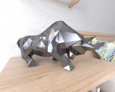 Stier Lowpoly Tier geometrisch Origami Kunst Skulptur Statue facettiert dekorativ Modell Mauer niedrig poly Fantasie 3d print model - Mito3D