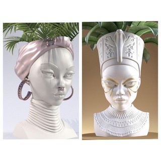 bustos flor potes Panela fracasso cabeça África interior vaso decoração mulher fêmea cleo Egito Nefertiti sobremesa rainha histórico plantador plantar escultura facial estátua 3d print model - Mito3D