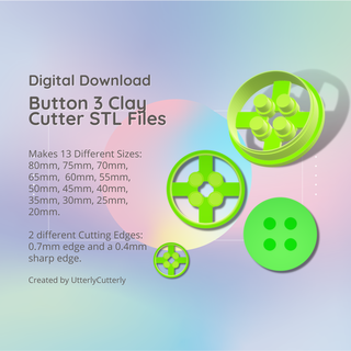 button shape 3 clay cutter - crafter stl digital file download- 13 sizes 2 earring versions cookie polymer geometric embossed hexagon utterlycutterly utterly cutterly fondant organic indie fashion 3d print model - Mito3D
