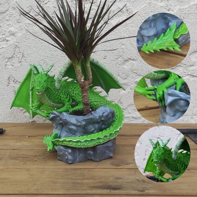 cache pot + le dragon sur son rocher can be as a pencil holder on rock figurine flower decoration collection cover dragonxcults 3d print model - Mito3D