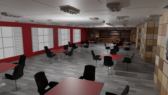cafetería interior café taberna bar escuela politécnica restaurante botellas pasteles mueble moderno lentes activo lowpoly virtual escena 3d print model - Mito3D
