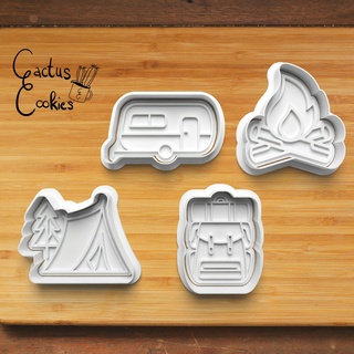 camping cookie cutter set 0320 Home present gift love christmas xmas baking fondant clay anniversary birthday with stamp polymer embosser commercial license patreon caravan backpack campfire tent outdoor 3d print model - Mito3D