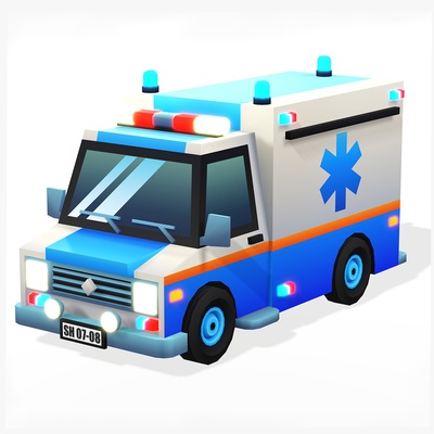 voiture poly ambulance roues hôpital dessin animé voitures collection police sedan hayon 3d print model - Mito3D