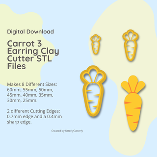 carrot 3 clay cutter - stl digital file download- 8 sizes 2 versions claycutter cutters claycutters earring earrings embossed crescent moon leaf biscuit cookie 3d print model - Mito3D