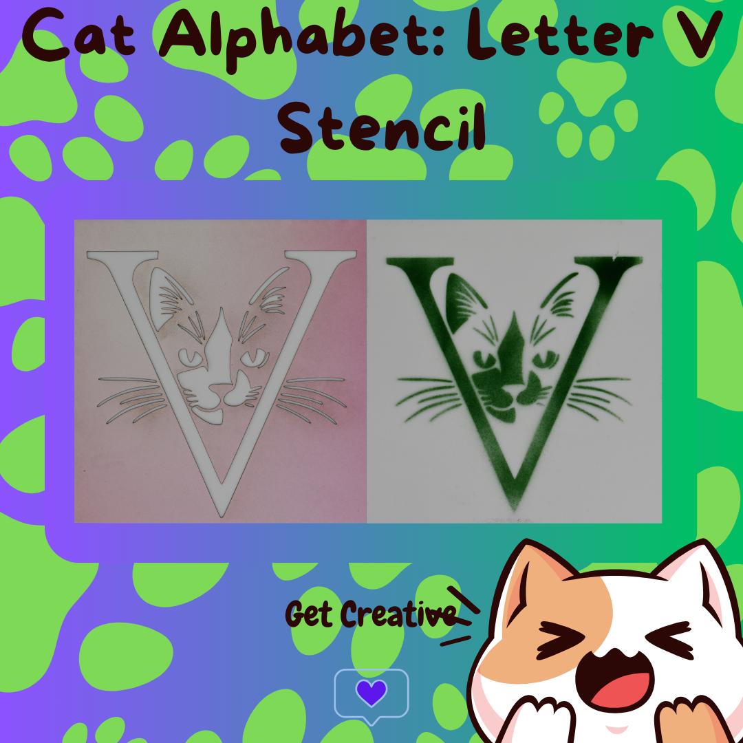 gato alfabeto letra v stencil stl svg archivos arte plantilla cricut cnc láser grabado gatos aprendizaje modelo letras l rociar pintura aerografia niños arte estarcir 3D print model - Mito3D